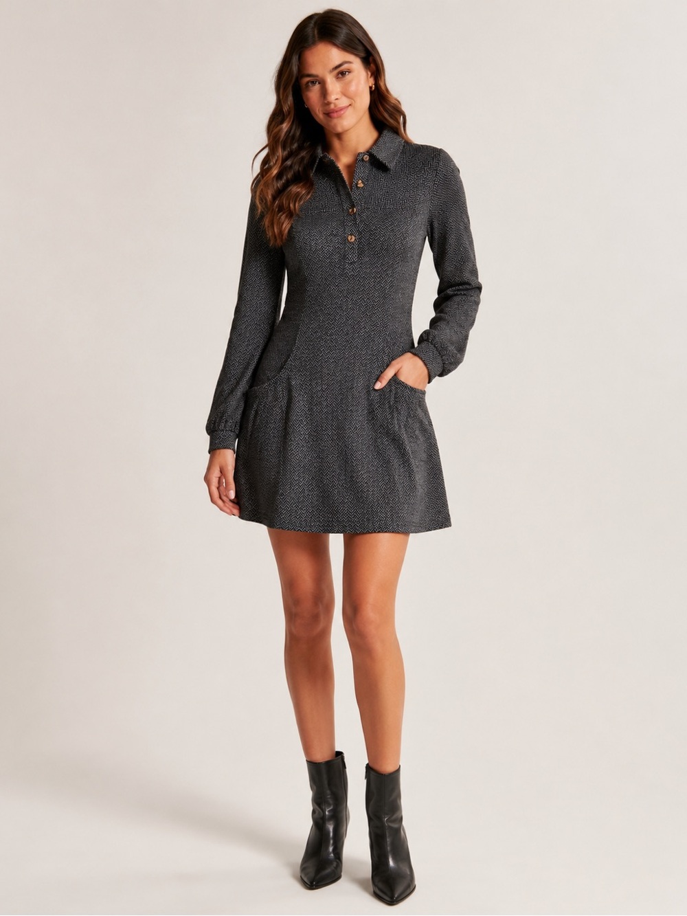 Papillon Blanc Charcoal Gray Long-Sleeve Polo Knit Mini Dress